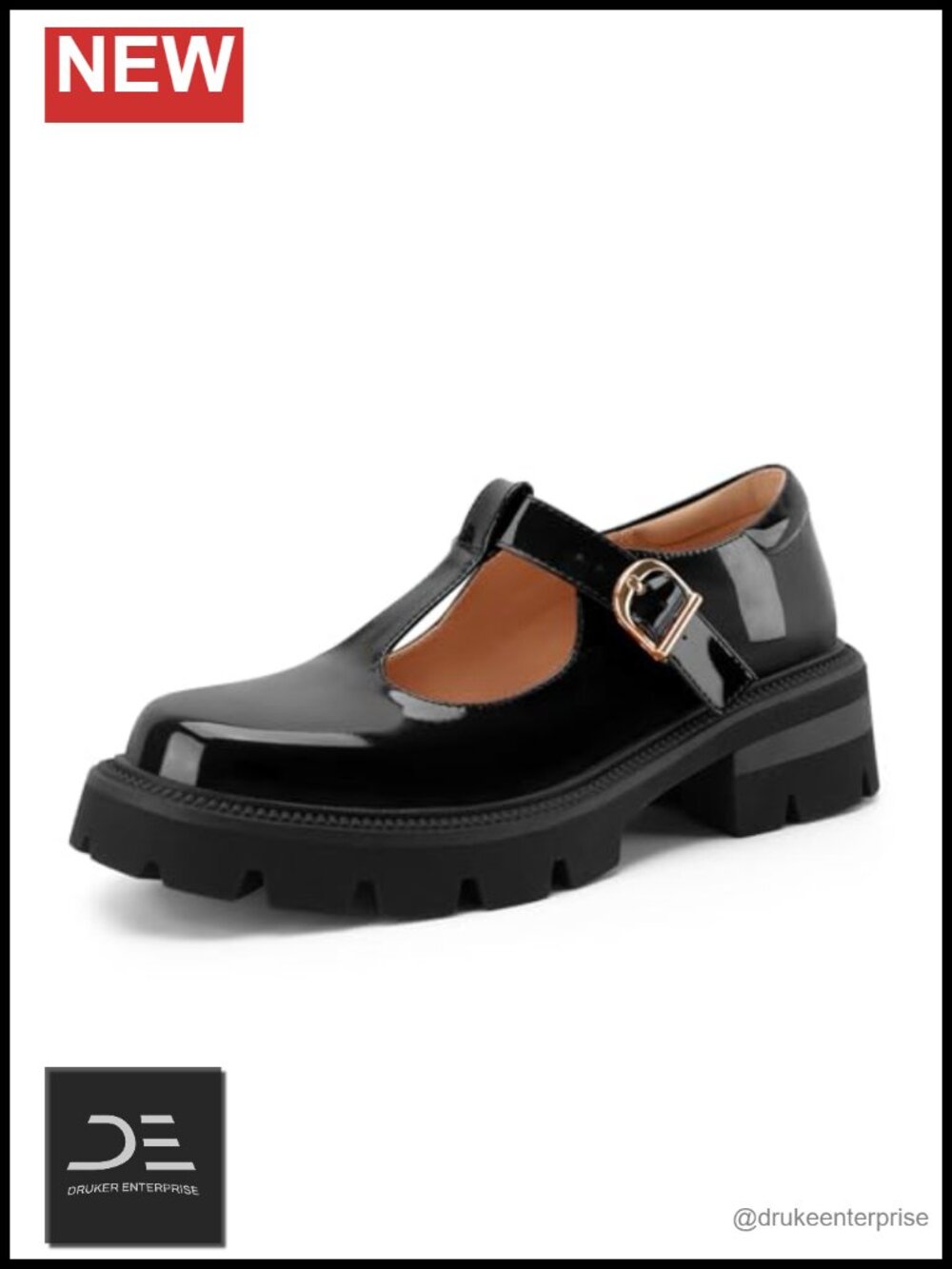 Chunky Heel Patent Leather T-Strap Mary Janes with Platform Lug Sole